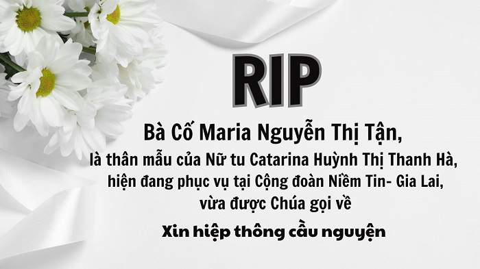 Bà Cố Maria Nguyễn Thị Tận, là thân mẫu của Nữ tu Catarina Huỳnh Thị Thanh Hà, hiện đang phục vụ tại Cộng đoàn Niềm Tin- Gia Lai, vừa được Chúa gọi về