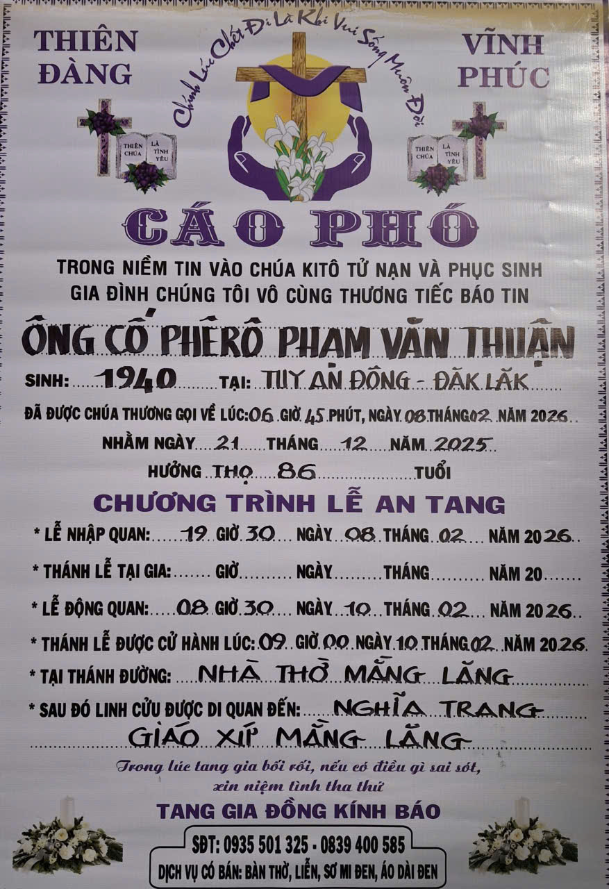 Cáo phó Ông Cố Phêrô, thân phụ chị Thu Nga