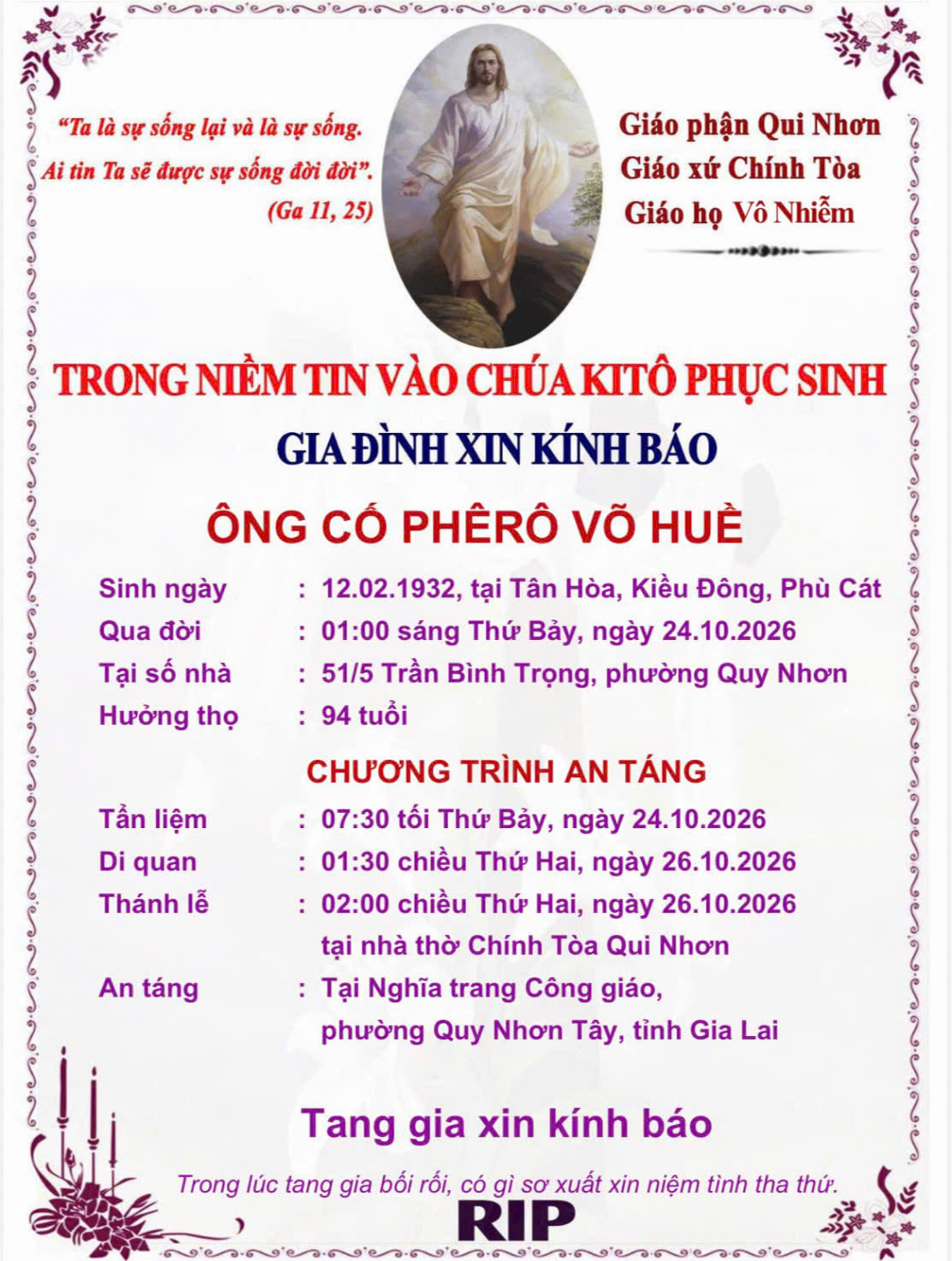 Cáo phó Ông Cố Phêro thân phụ chị Võ Thuỷ